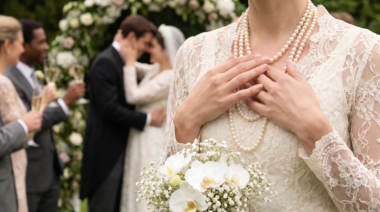 Bride holding a pearl necklace, illustrating what does pearl symbolize during weddings and milestones