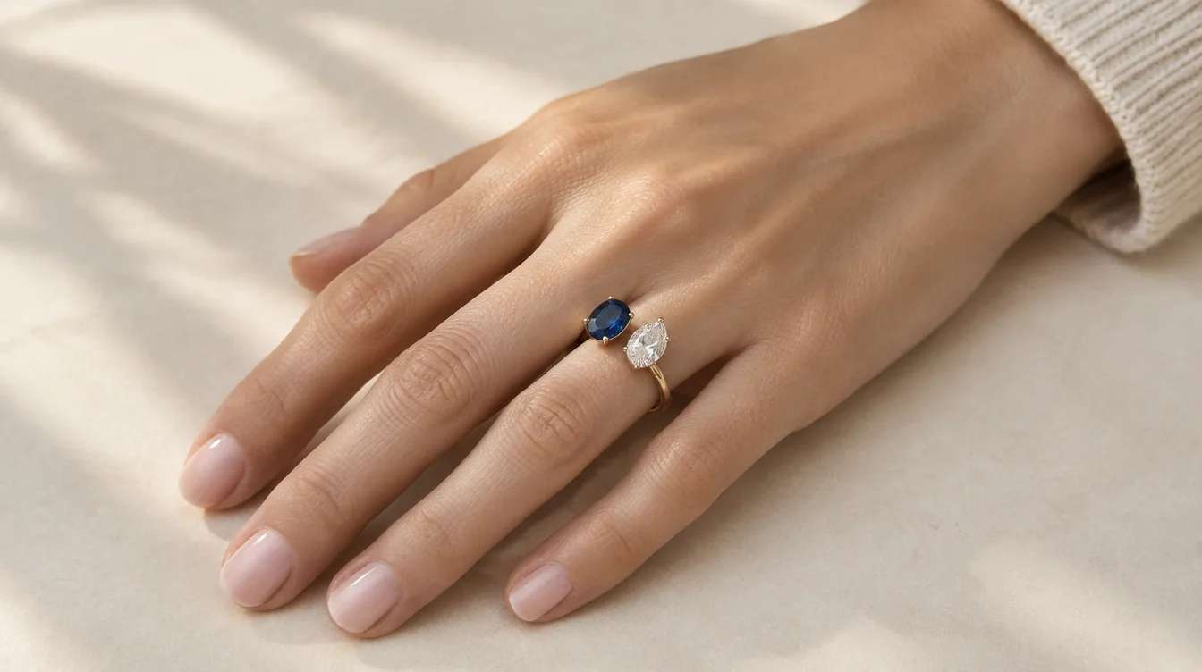 Oval blue sapphire and pear shaped diamond sharing the focus in a gold toi et moi ring on a hand.
