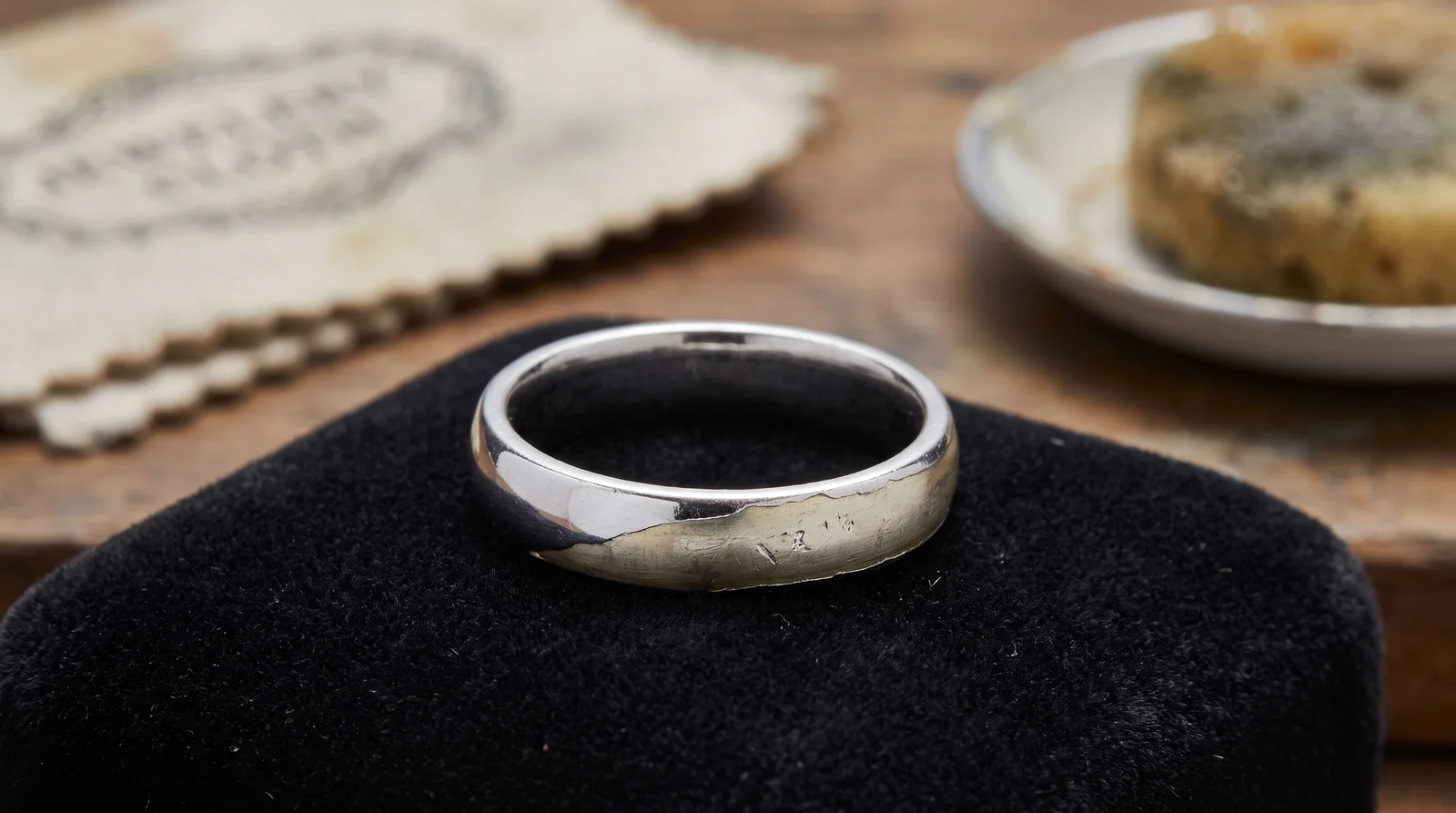 White gold jewelry surface showing wear and underlying metal tone