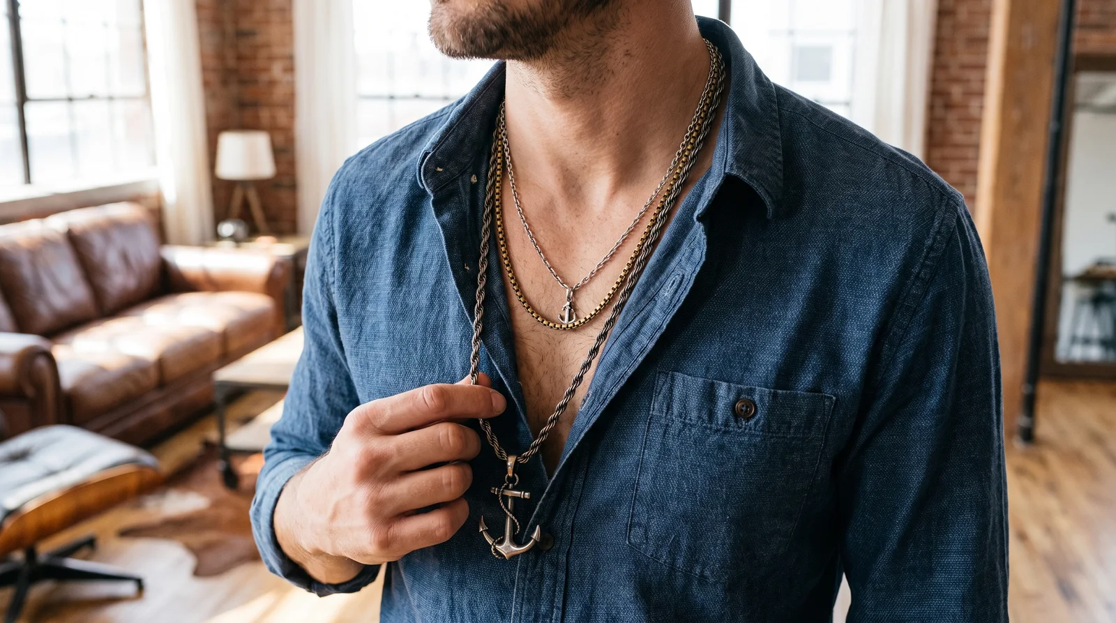 Close-up of pendant necklace chain length positioned correctly against chest