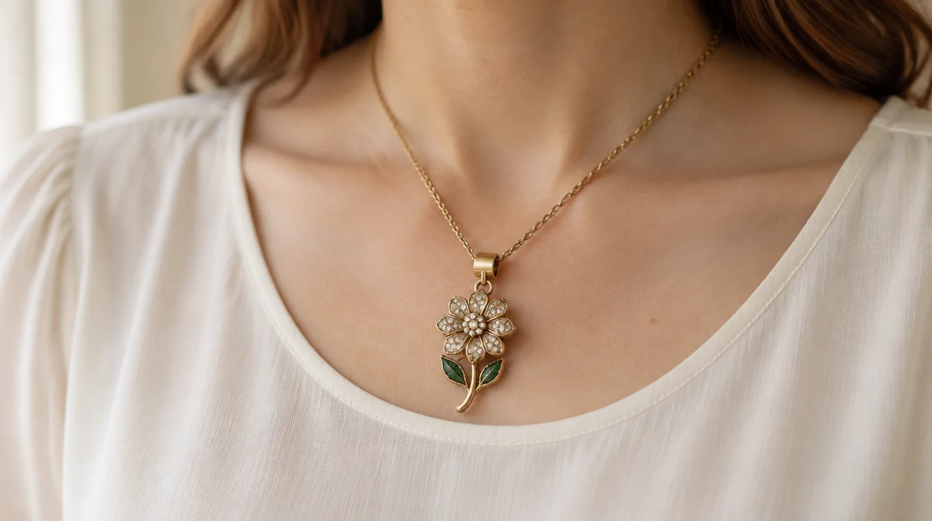 Floral brooch worn as a pendant with a removable converter and plain chain