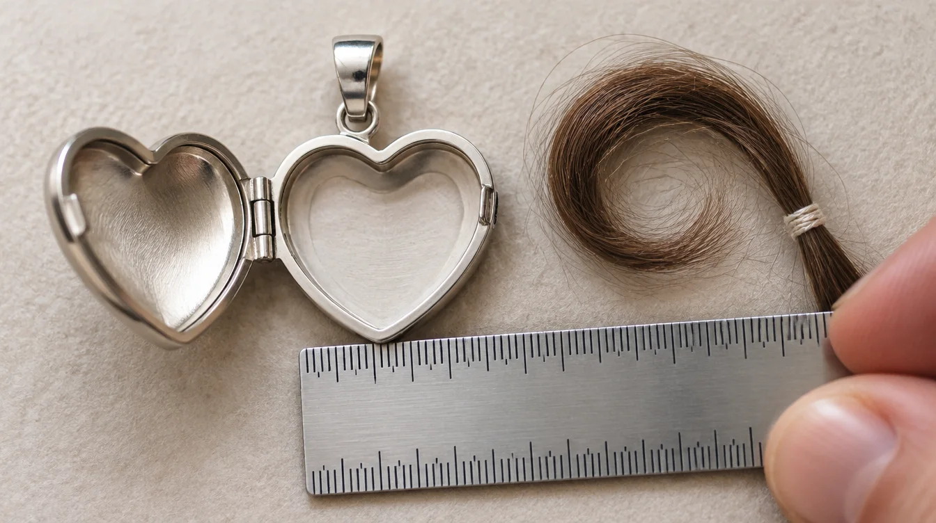 Tied curl beside an open heart locket and a ruler for comparing usable space