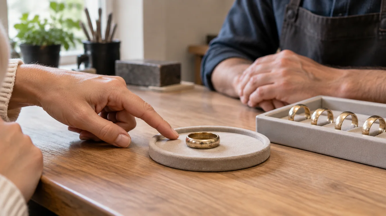 Customer points to a worn gold ring while discussing wedding band samples with a jeweler.