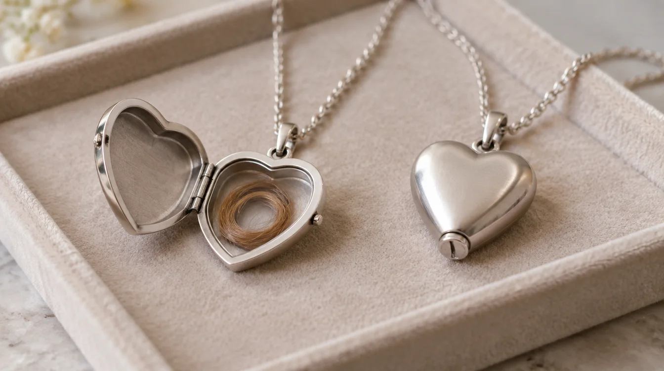 Open heart locket holding a curl beside a closed heart urn pendant on a jeweler’s tray