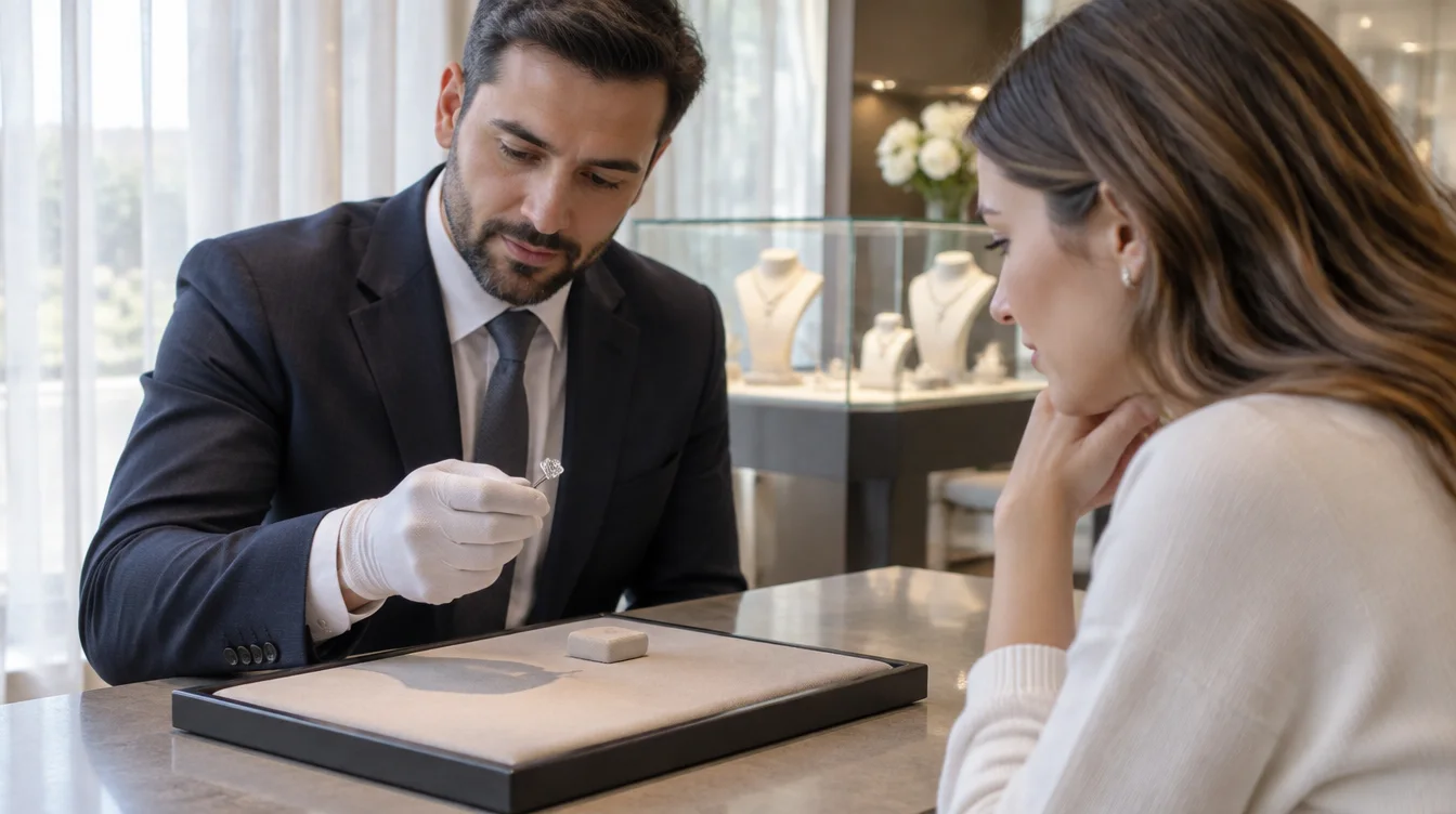 Shopper and seller viewing an oval diamond in diffuse daylight away from the display case