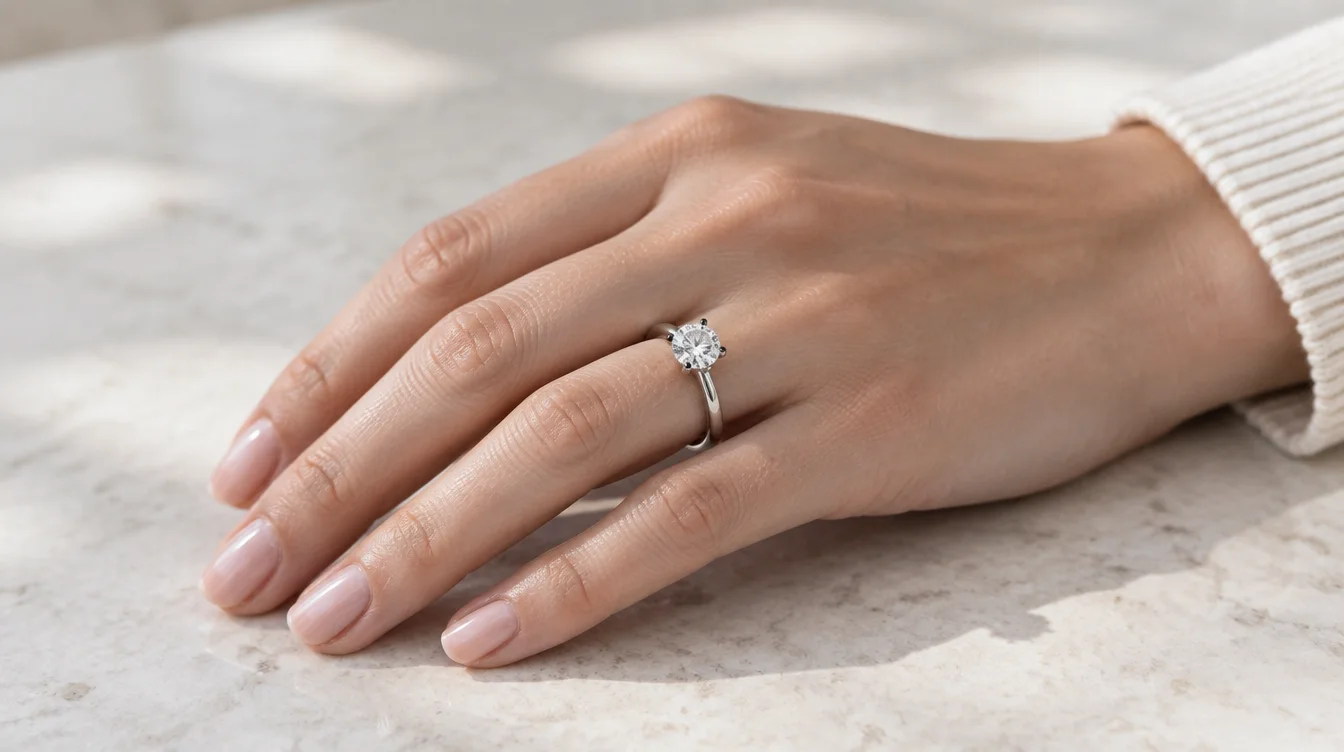 White diamond solitaire with dark rhodium prongs and a bright metal band on a hand