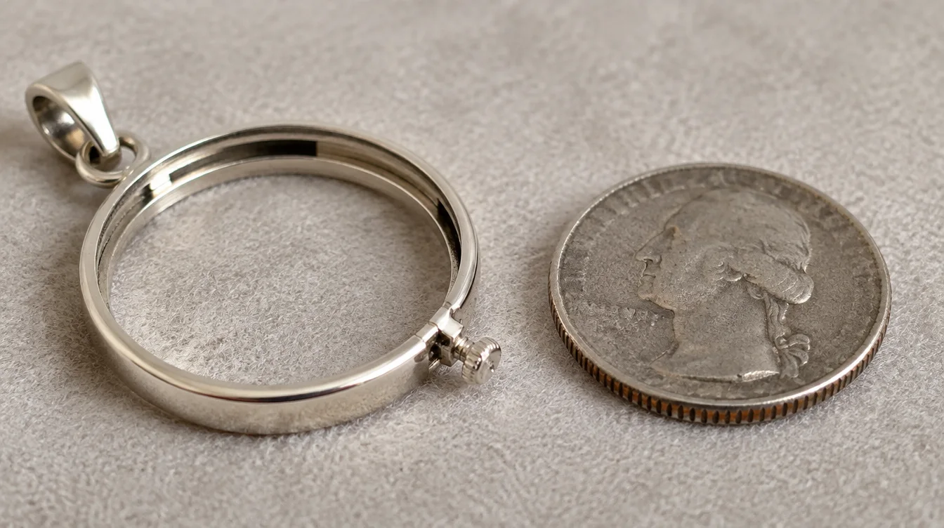 The inner channel of an open coin bezel beside the raised rim of an unmounted coin.
