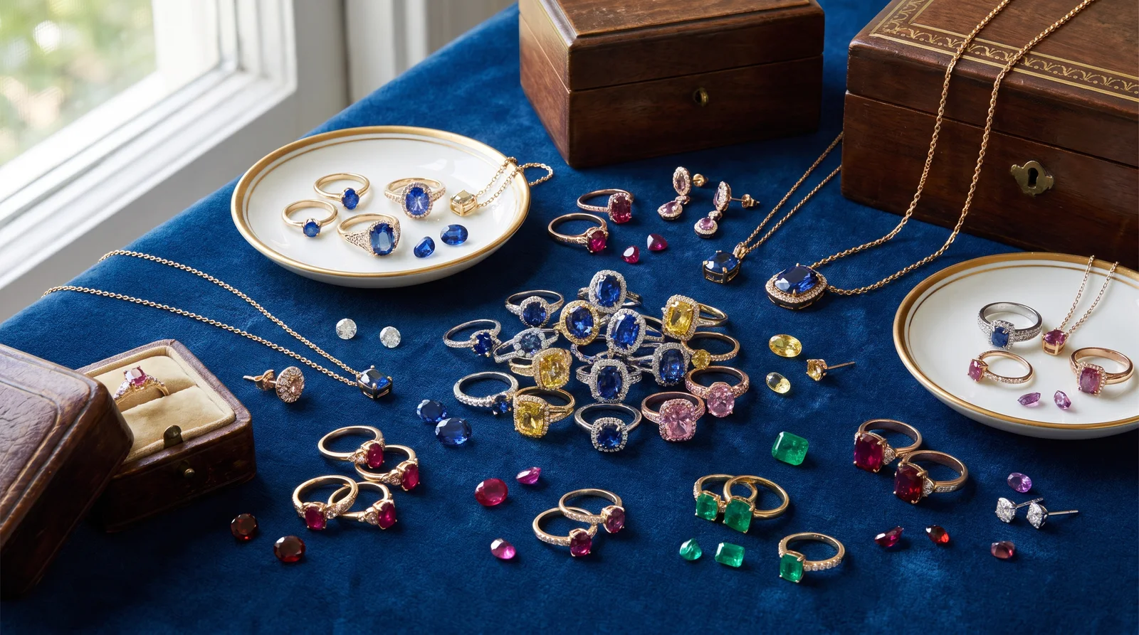 Various birthstone gemstones arranged by month for comparison
