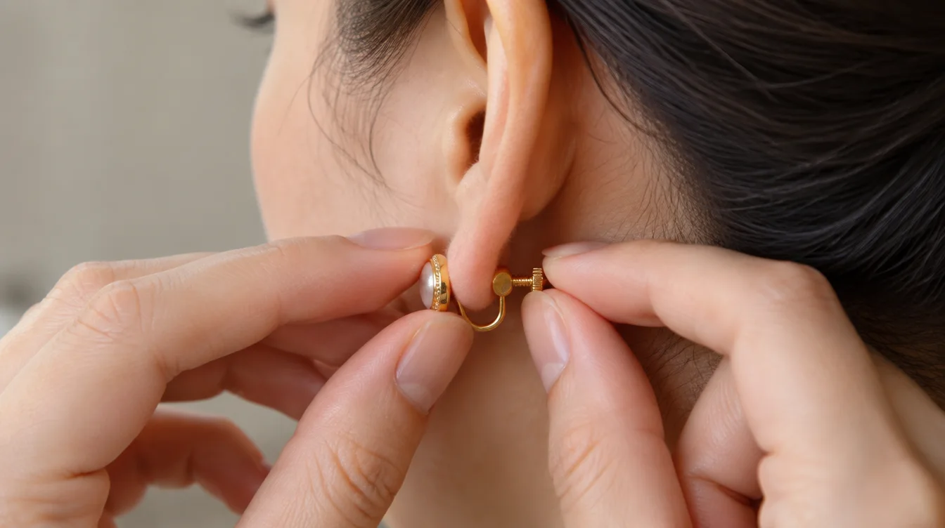 Hands adjust a screw clamp earring around an unpierced lobe without a post passing through skin