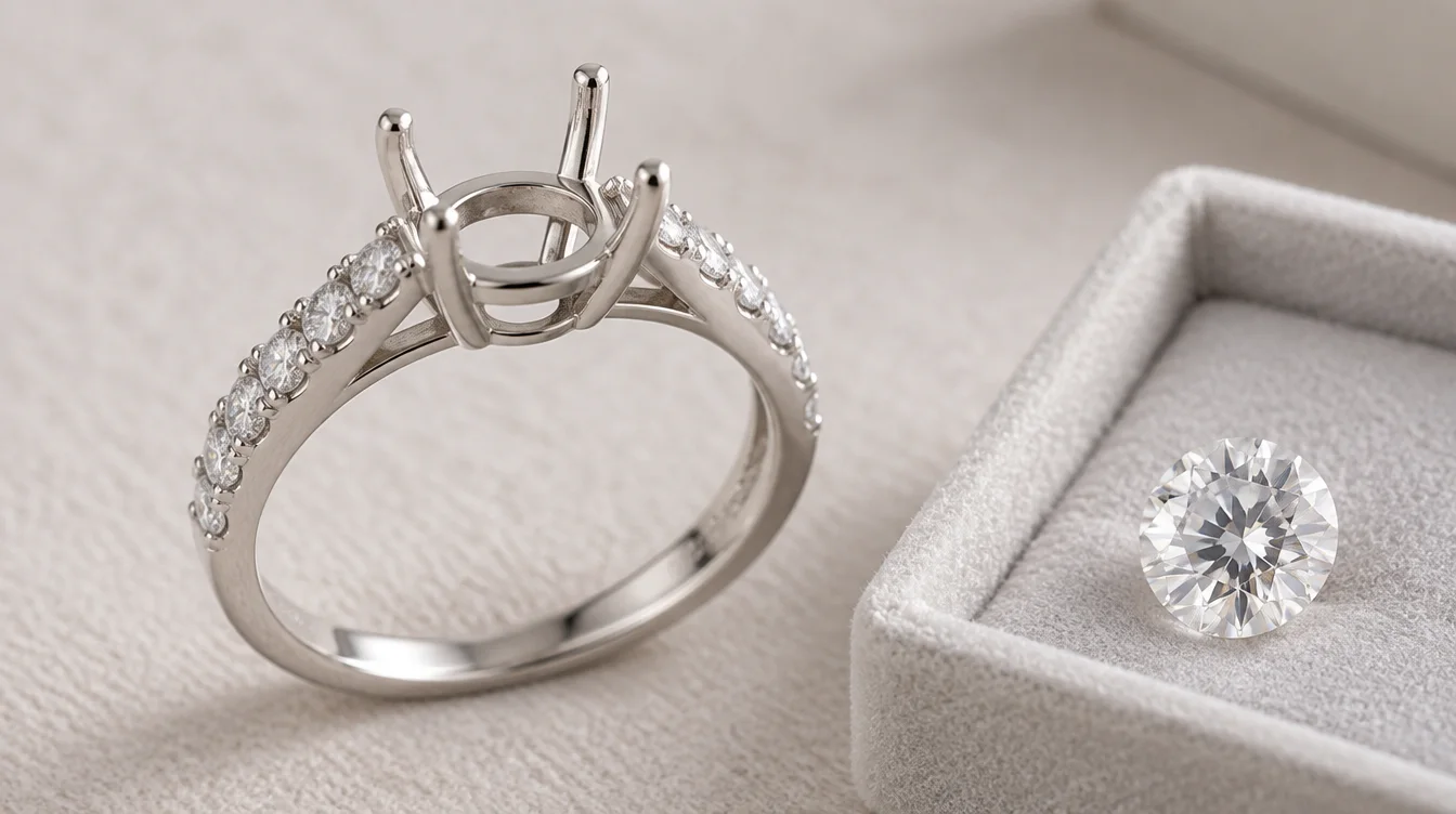 Diamond accented ring setting with an empty center basket beside a separate loose diamond.