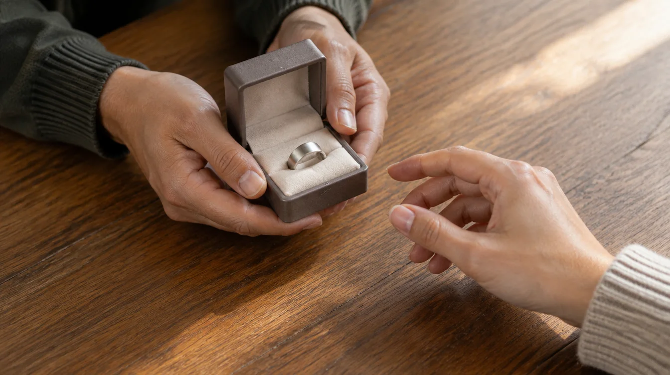 One person offers another an open jewelry box holding a broad ring