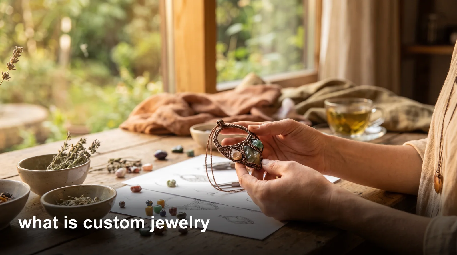 Jeweler sketching a custom jewelry design next to gemstones and metal samples on a workbench