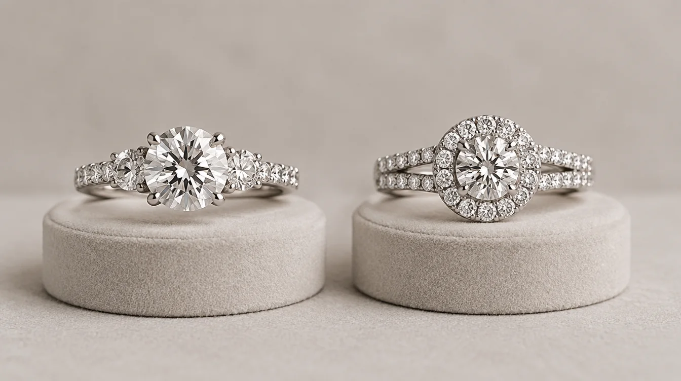 Two diamond rings with different center and accent arrangements shown together under the same light.