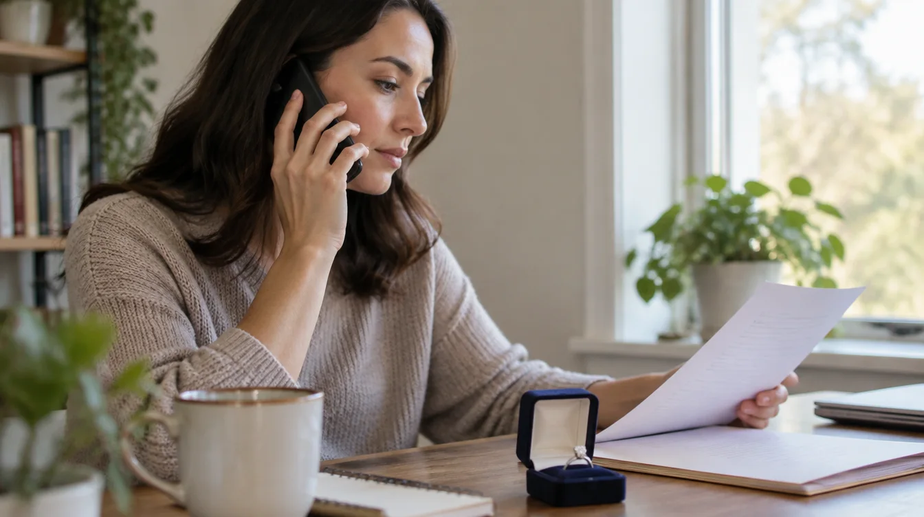 Owner calling a potential diamond buyer with a boxed ring and paperwork nearby