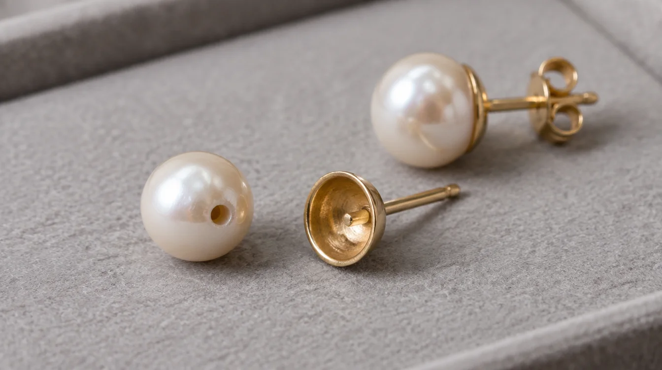 Detached pearl with its drill hole visible beside an empty stud mounting and the matching pearl earring.