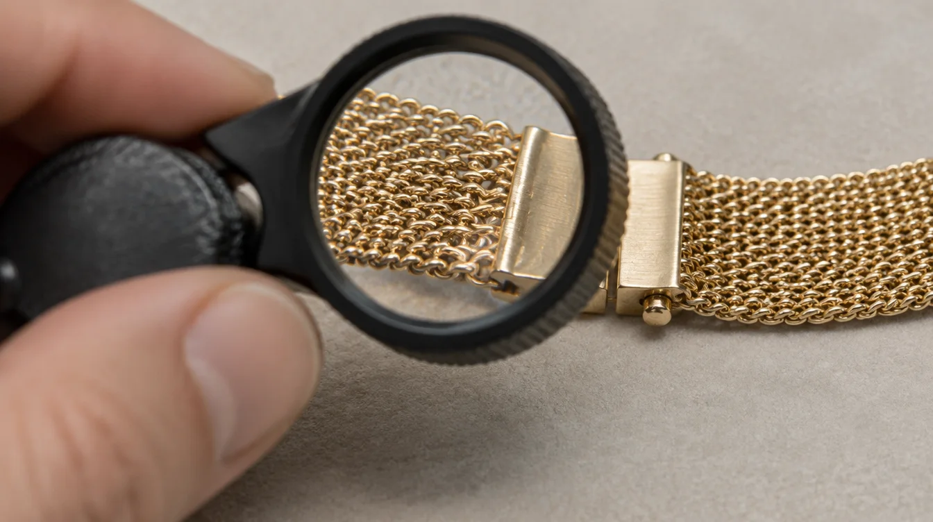 Jeweler viewing mesh spacing and an edge near a bracelet end fitting through a loupe.