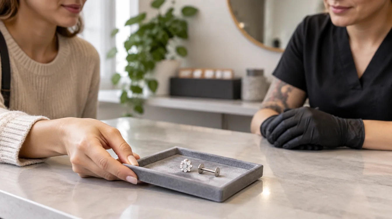 Client brings a detached threadless earring top and its post to a piercer for assessment.