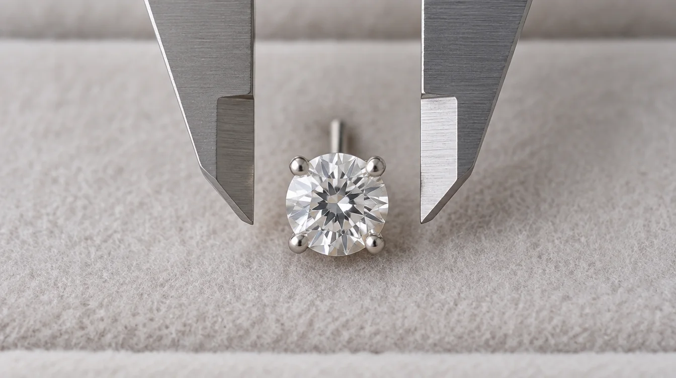 Open caliper jaws positioned outside the widest prong edges of a mounted diamond stud
