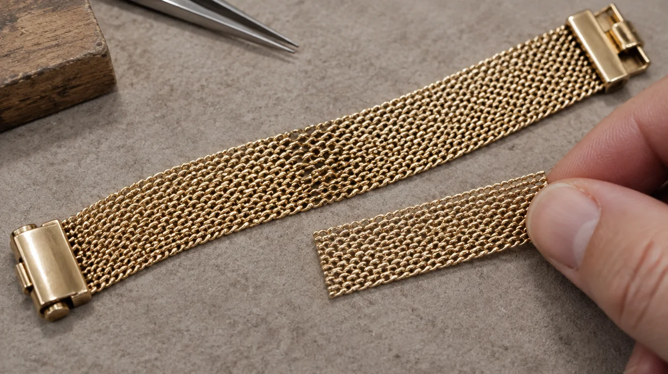 Jeweler comparing a loose mesh sample with a distorted area of a metal mesh bracelet.