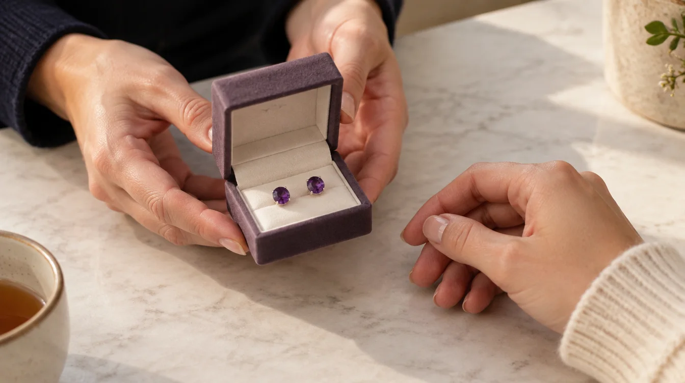 One person offering an open box of purple amethyst stud earrings to another.