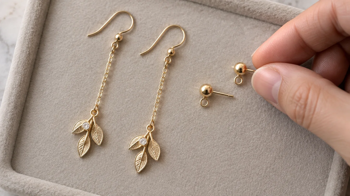 Intact chain earrings beside loose ball stud findings for discussing a shorter top connection