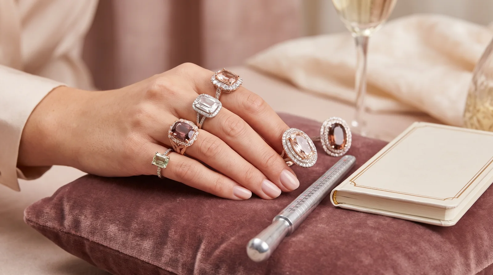 Woman comparing cocktail ring sizes on her fingers, illustrating how to choose a cocktail ring for any occasion