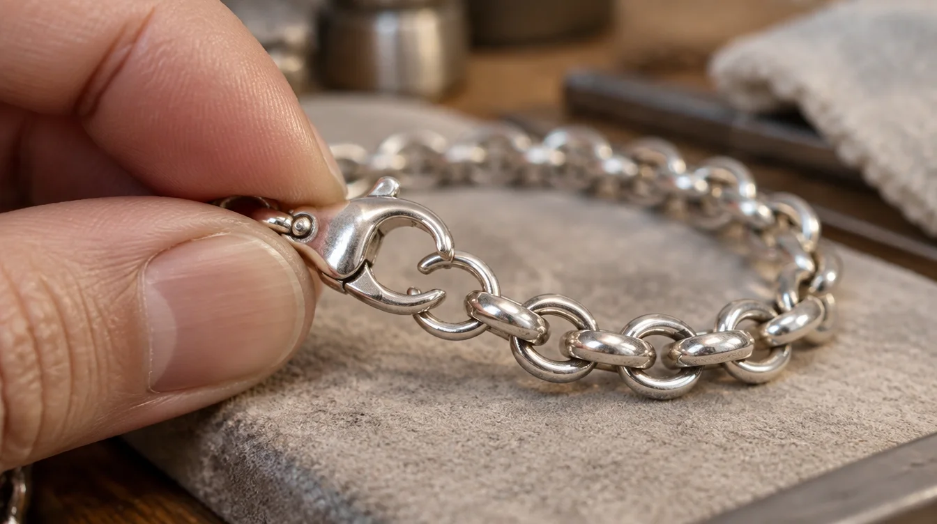 Close view of a silver bracelet clasp, connecting ring and links supported for inspection.