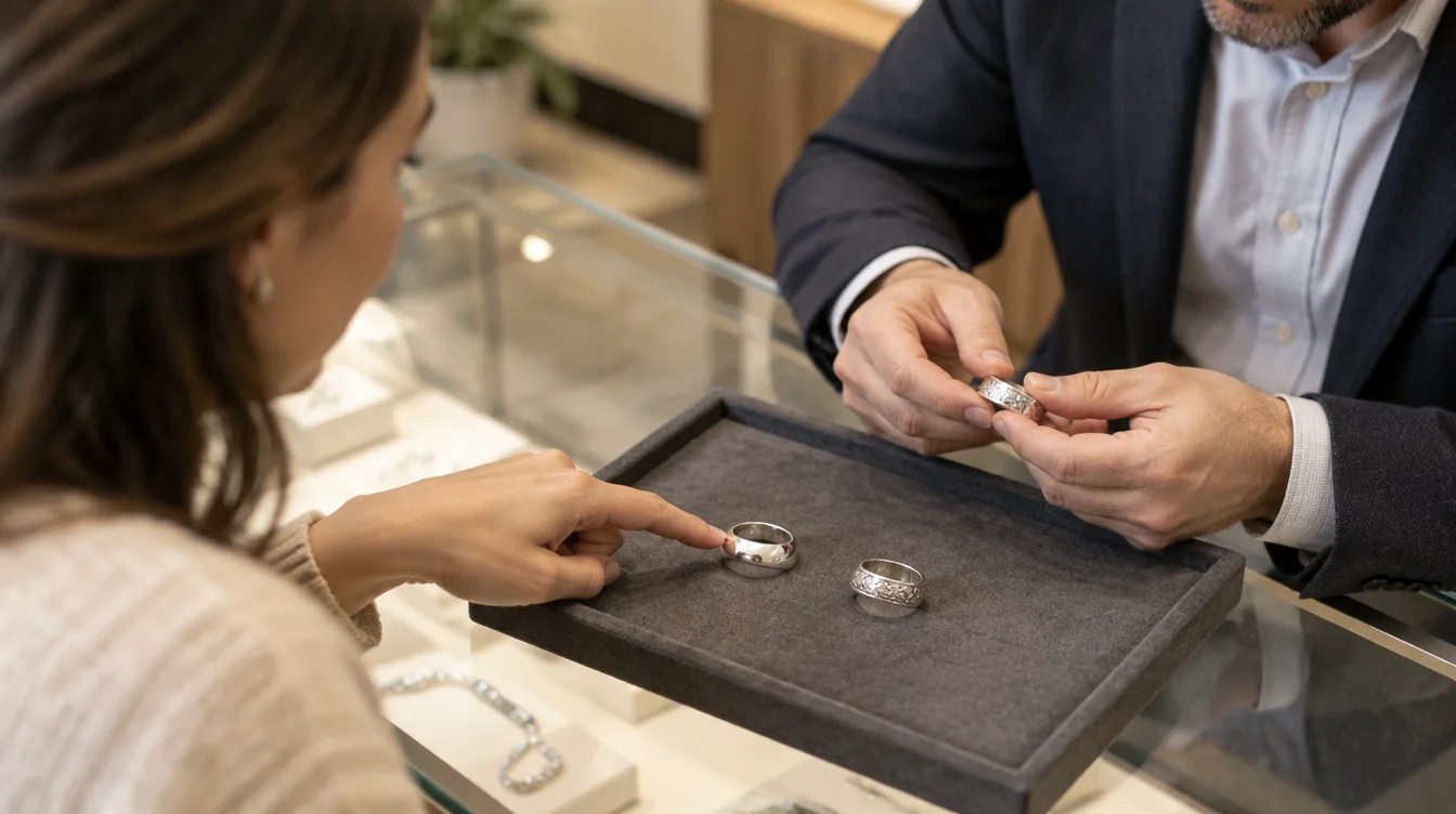 A shopper asks a jeweler about two silver rings displayed on a counter tray.