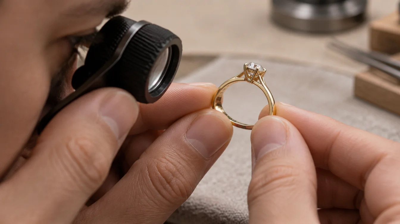 Jeweler using a loupe to inspect the inner shank and setting of a gold engagement ring