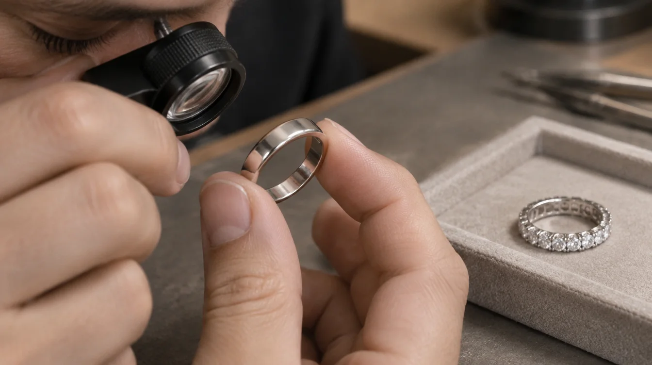 A jeweler examines a plain band’s shank beside a full eternity ring