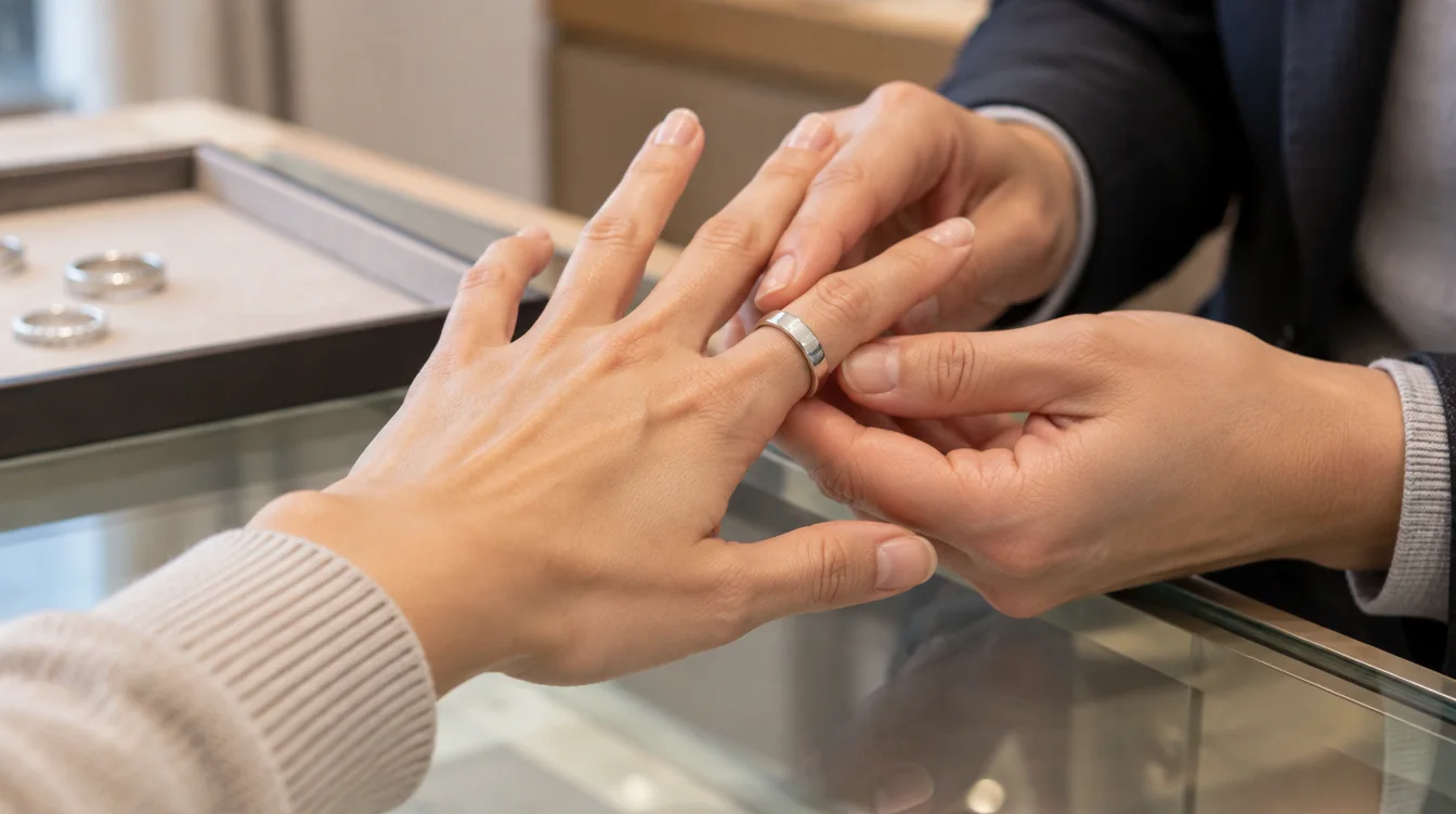 A jeweler checks how a plain silver ring sits on a relaxed hand.