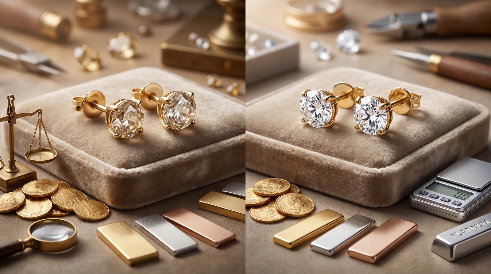 Lab-grown and natural diamond studs displayed with metal options to show budget impact across material choices