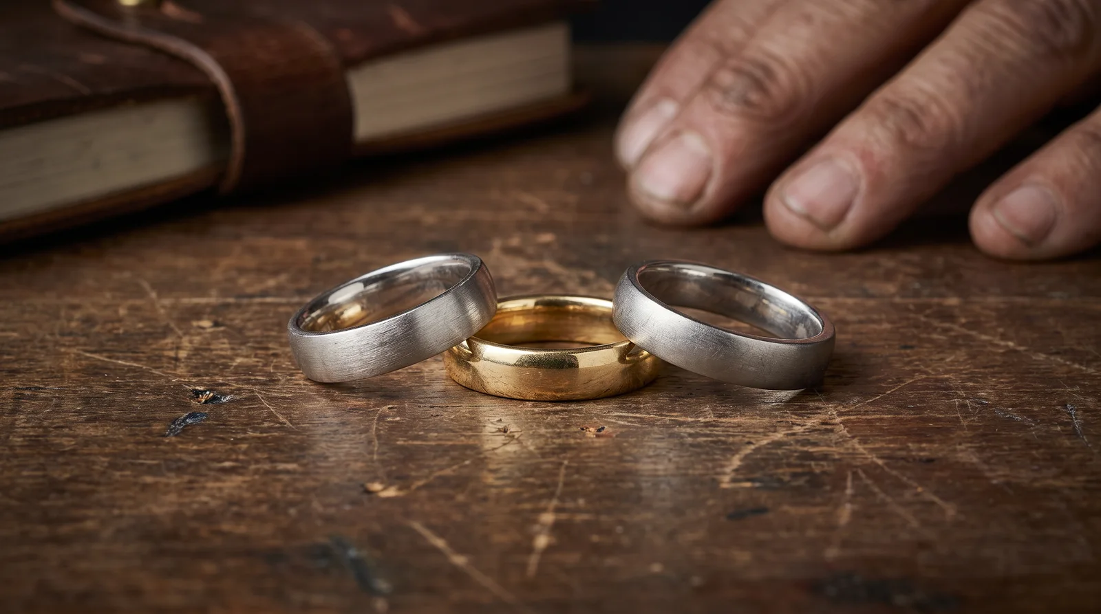 Close-up comparison of scratched surfaces on different precious metal wedding bands