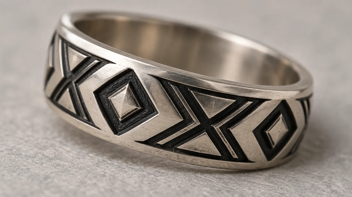 Close view of dark black rhodium in engraved grooves beneath pale raised ring surfaces.