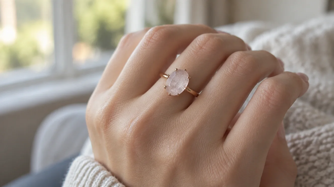 Morganite engagement ring on a hand showing visible cloudiness and reduced sparkle under natural light