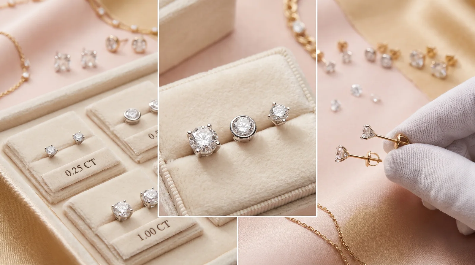 Pair of diamond stud earrings shown with a carat size reference chart for the ear