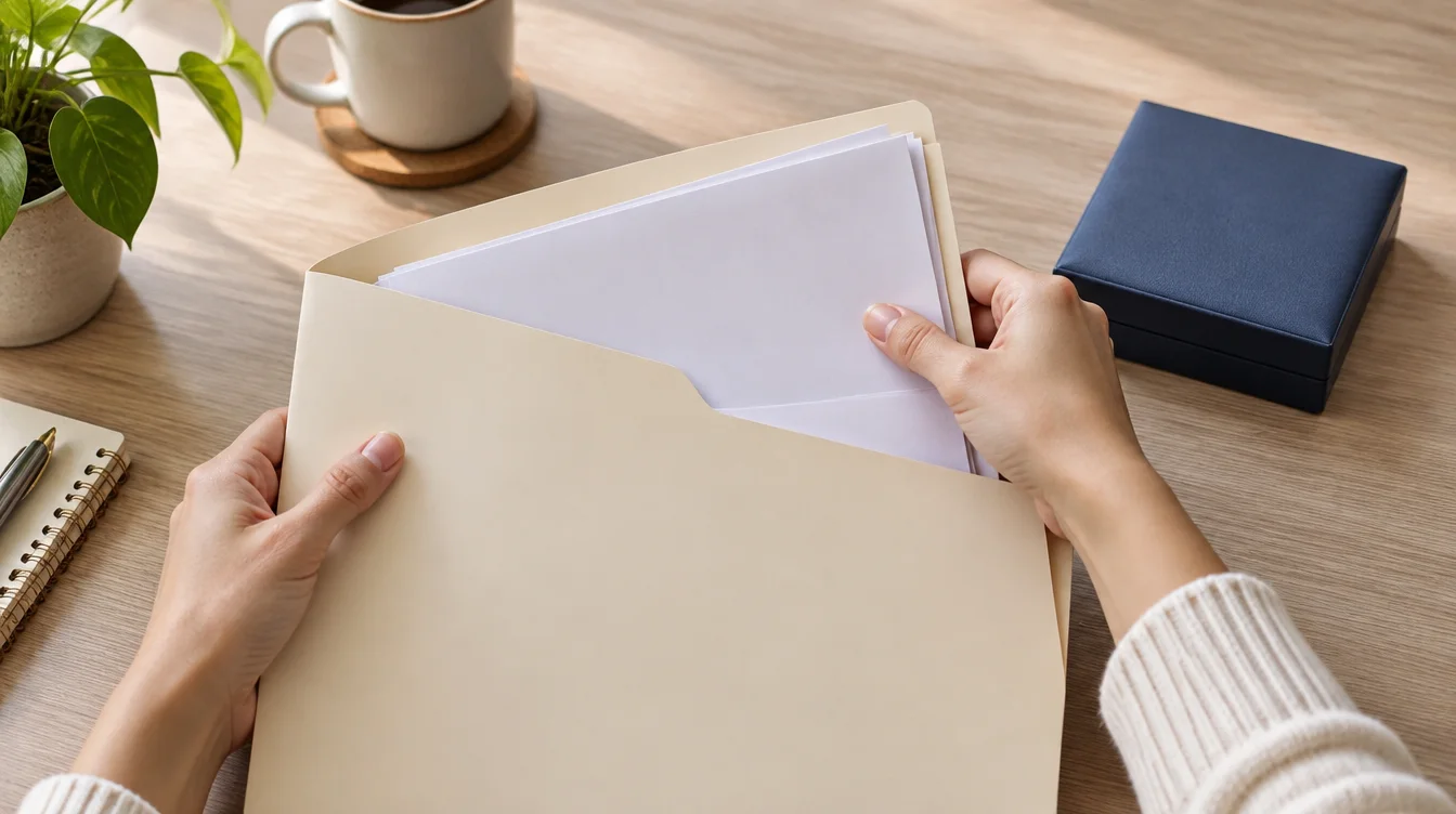 Hands filing purchase papers in a plain folder beside a closed necklace box