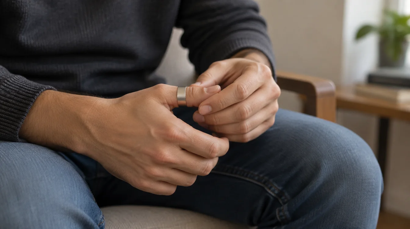 A seated person lightly touches a thumb band with the opposite fingertips