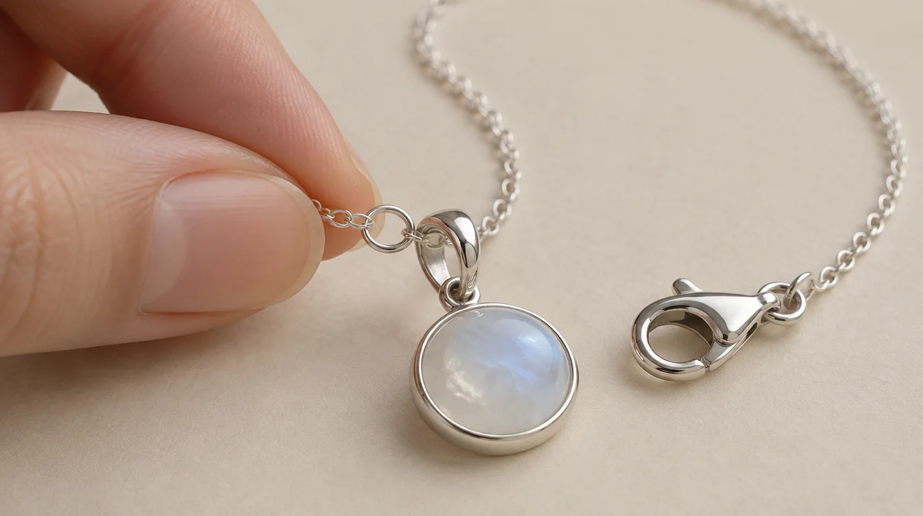 Small chain end ring passing through a pendant bail while the larger lobster clasp rests nearby.