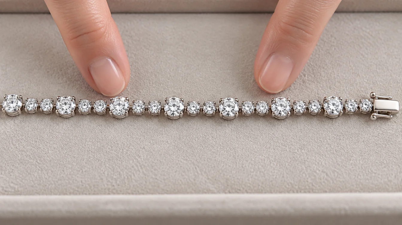 Fingertips indicate one complete large, small, small diamond repeat on an intact tennis bracelet.