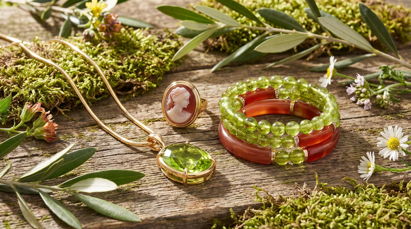 Peridot and sardonyx gemstones displayed as august birthstone jewelry options