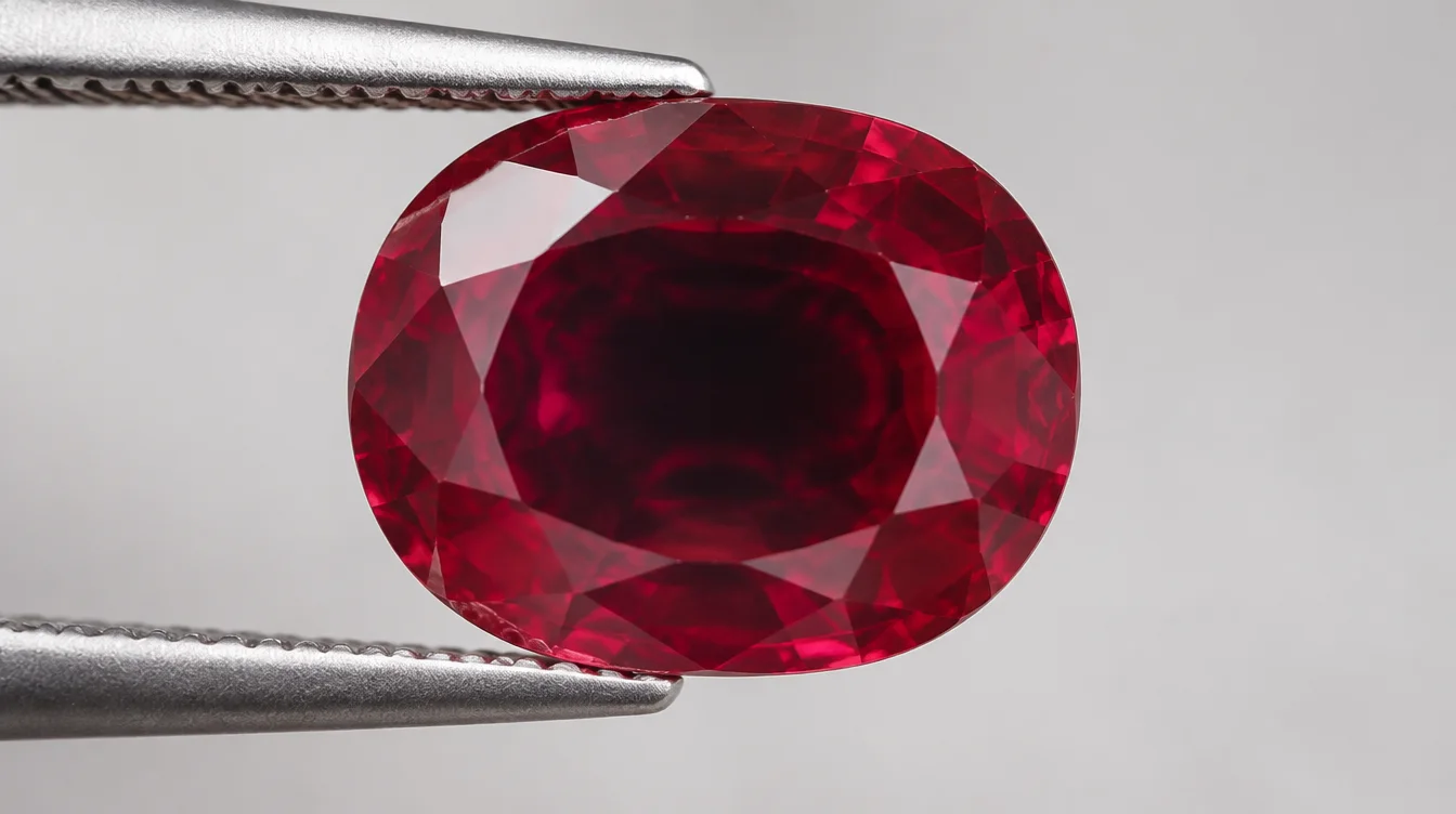 Ruby gemstone displaying a dark center zone while edges retain visible red saturation