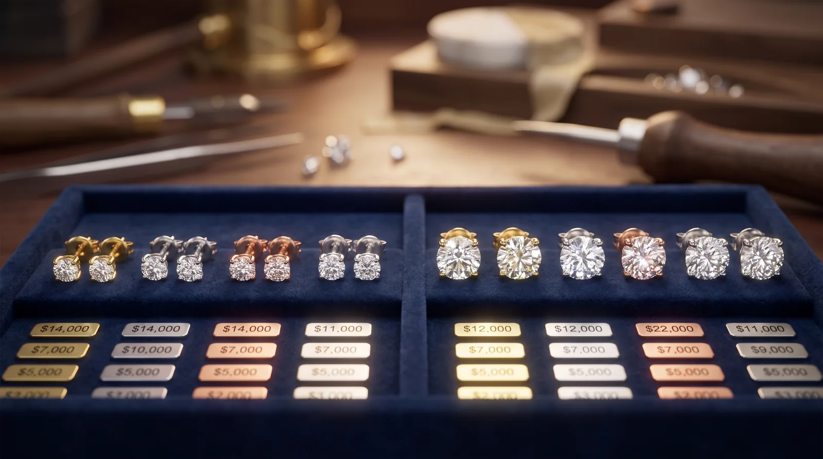 Price comparison chart or visual breakdown of diamond stud earring costs across yellow, white, and rose gold