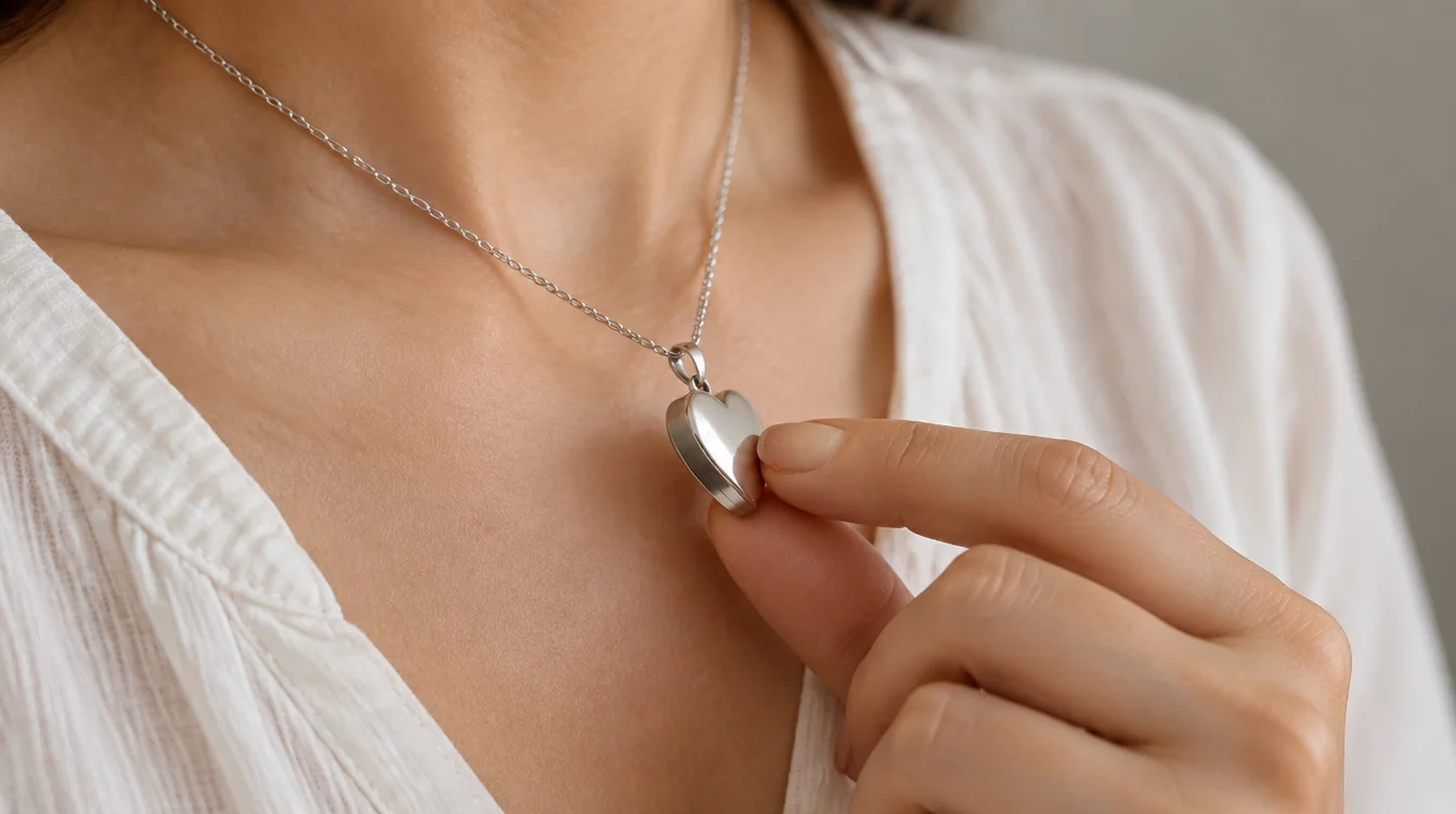 Wearer turning a heart pendant to view its thickness and chain attachment