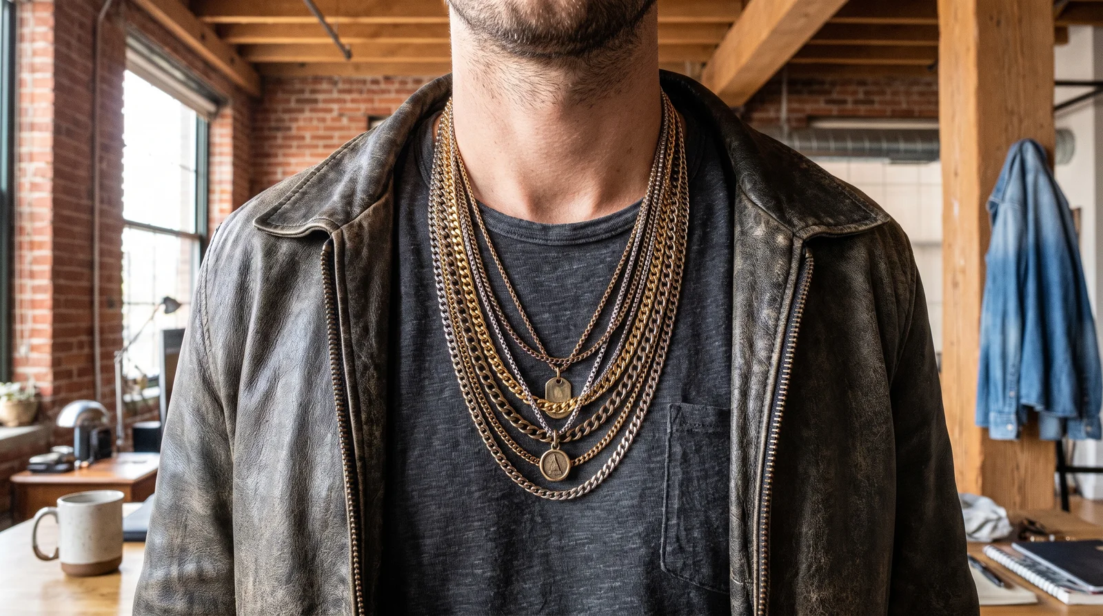 Multiple metal chain necklaces layered together in complementary tones