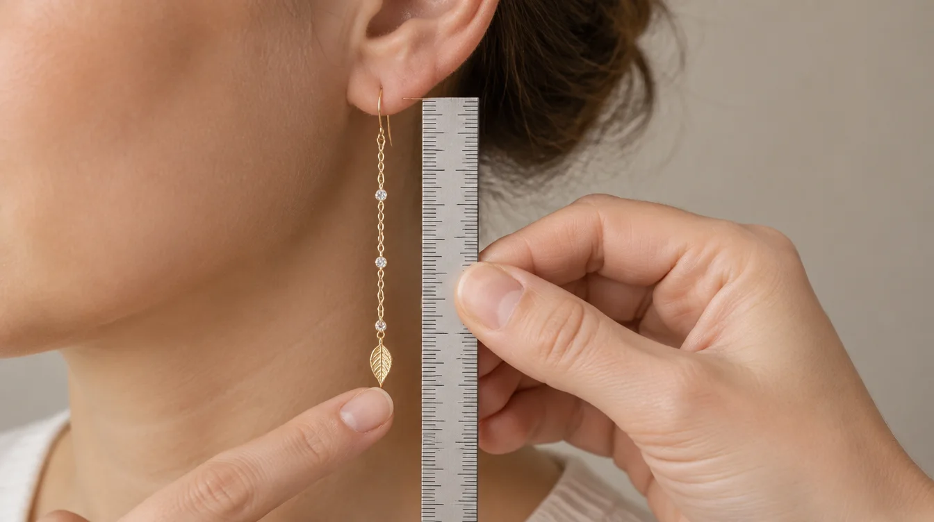 Ruler beside a worn chain earring, with a fingertip indicating the desired drop