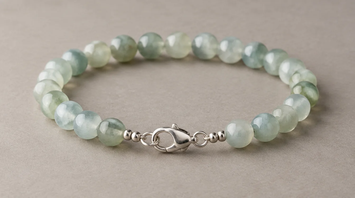 Gemstone bead bracelet resting in an oval with a lobster clasp and both end connections visible.