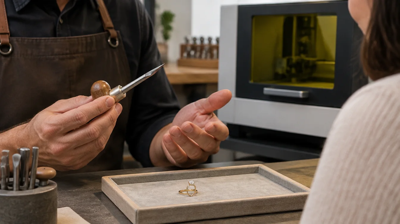Jeweler discussing a hand engraving tool beside a gold ring with an enclosed laser workstation behind