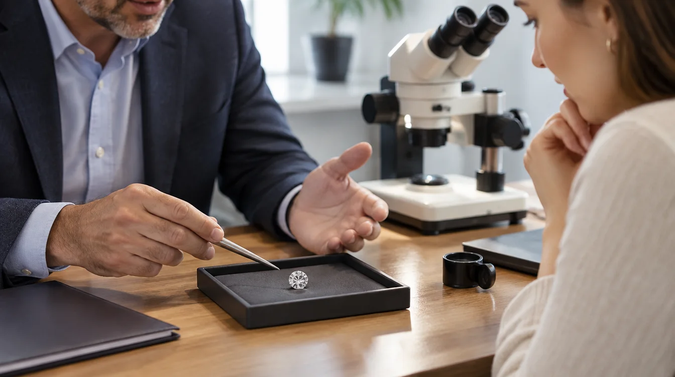 Buyer and jeweler discuss a loose diamond beside a gemological microscope.