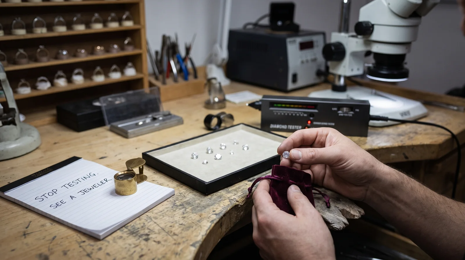 Person testing a diamond with a loupe at home, learning how to tell if a diamond is real before consulting a jeweler